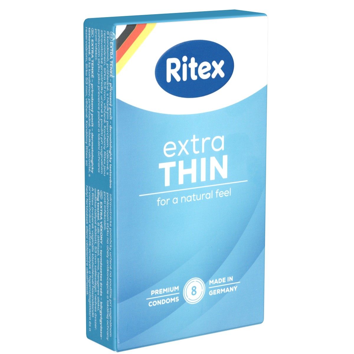 Boîte bleue et blanche avec le logo "Ritex" et l'inscription "extra THIN". Contient 8 préservatifs. Fabriqué en Allemagne.