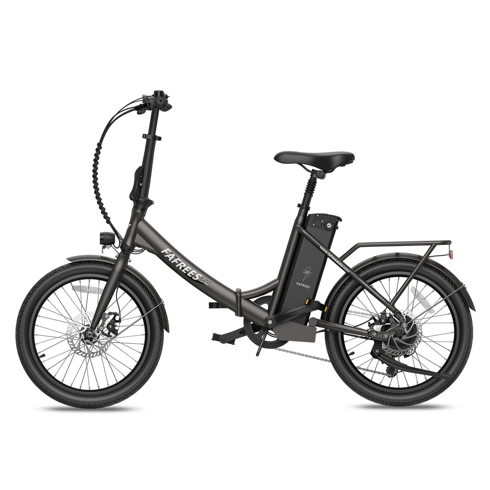 Vélo électrique Fafrees F20, anthracite. Avec porte-bagages, garde-boue et batterie. Visible : marque, nom du modèle.