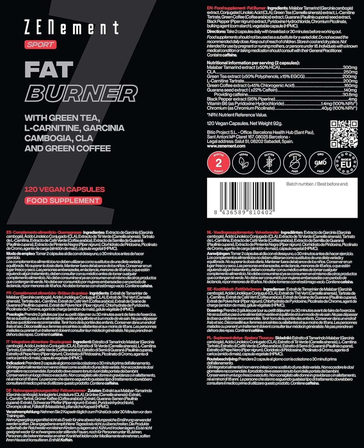 Productlabel van Zenement Sport Fat Burner. Bevat groene thee, L-carnitine, Garcinia Cambogia, CLA en groene koffie.