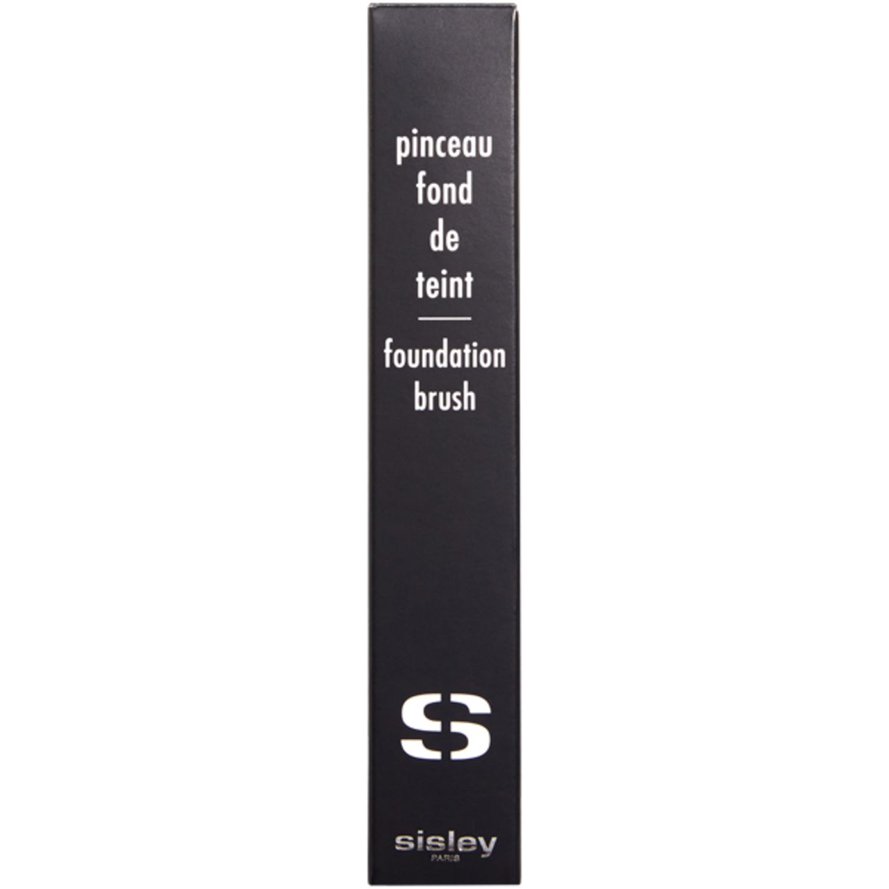 Emballage noir avec texte blanc: Pinceau fond de teint, foundation brush. En bas: Sisley Paris, logo.