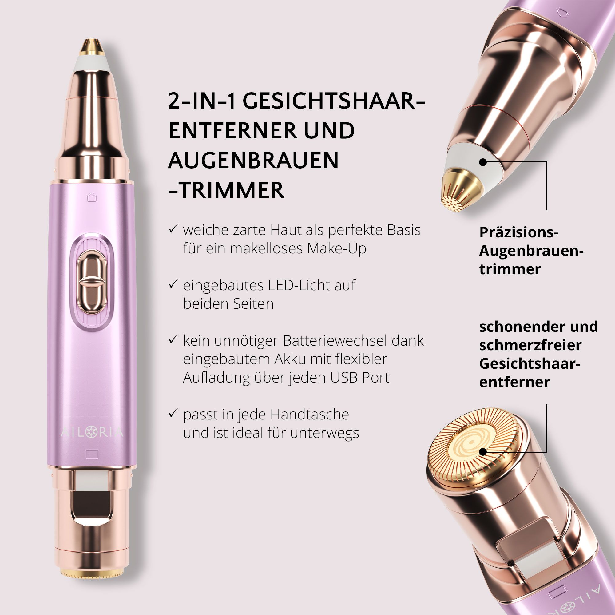 AILORIA LIBERTY 2en1 Rasoir Lipstick. Appareil rose et doré avec texte et deux accessoires. Texte: APPAREIL 2 EN 1 ÉPILATEUR POUR LE VISAGE ET TONDEUSE À SOURCILS.