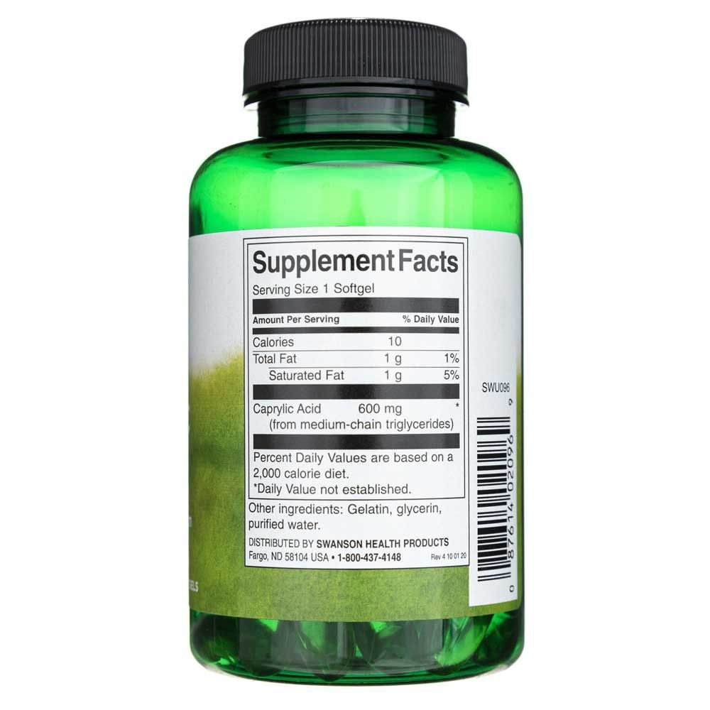 Achterkant van een groene fles met Caprylic Acid softgels, Supplement Facts.