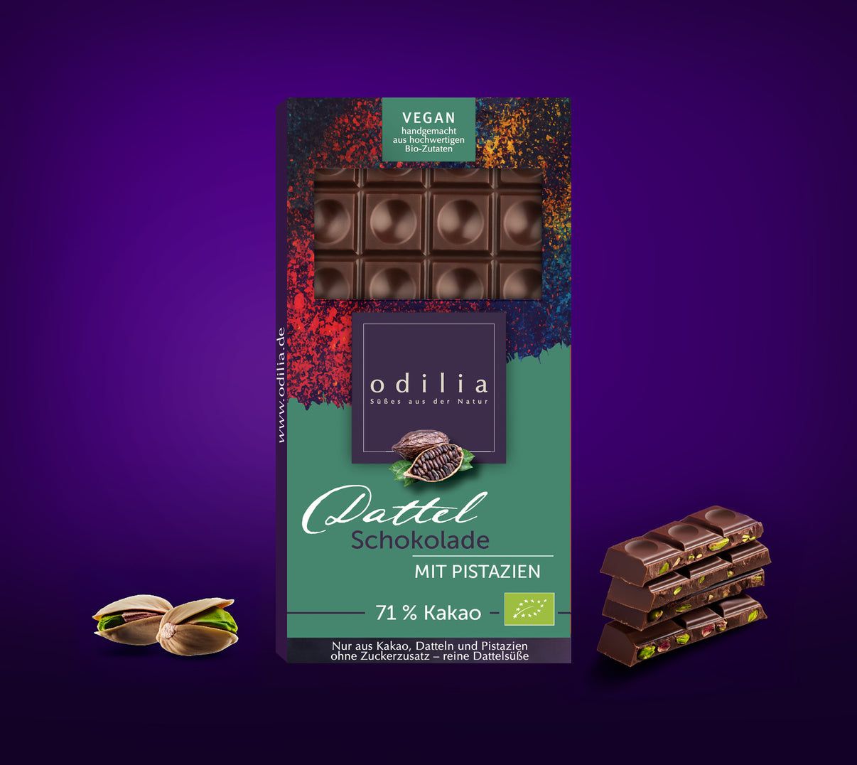 odilia Chocolat bio aux dattes et à la pistache, 71 % de cacao