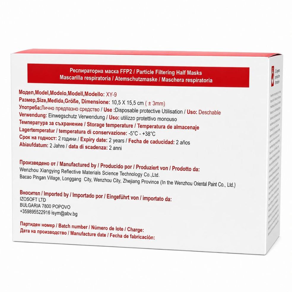 Homme portant un masque FFP2 violet; emballage, certification CE, ajustement ergonomique.