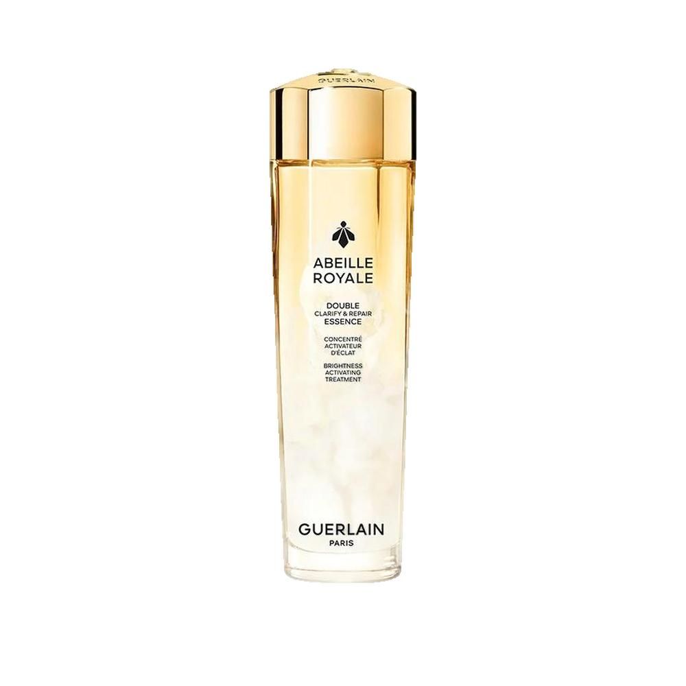 Cilindrische fles met gouden dop. Opschrift: Abeille Royale, Double Clarify & Repair Essence, Guerlain Paris.