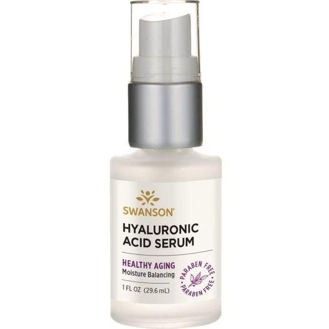 Flacon de sérum blanc avec bouchon argenté. Inscription: SWANSON Hyaluronic Acid Serum. 1 FL OZ. Sans parabène.