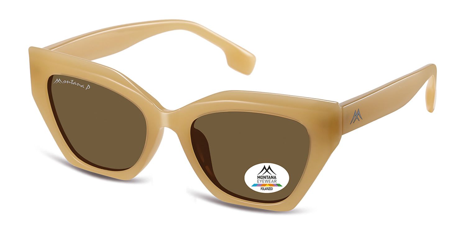 Lunettes de soleil beiges avec verres bruns. Logo Montana Eyewear sur le verre. Polarisées.