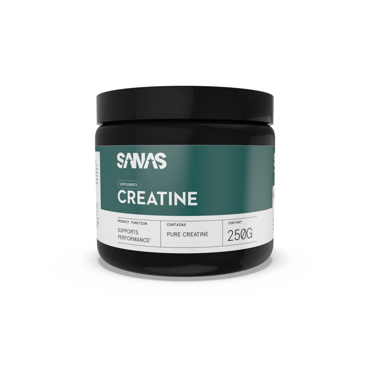 Sanas Creatine Supplement: Zwarte pot met etiket waarop 250g pure creatine staat, ondersteunt prestaties.