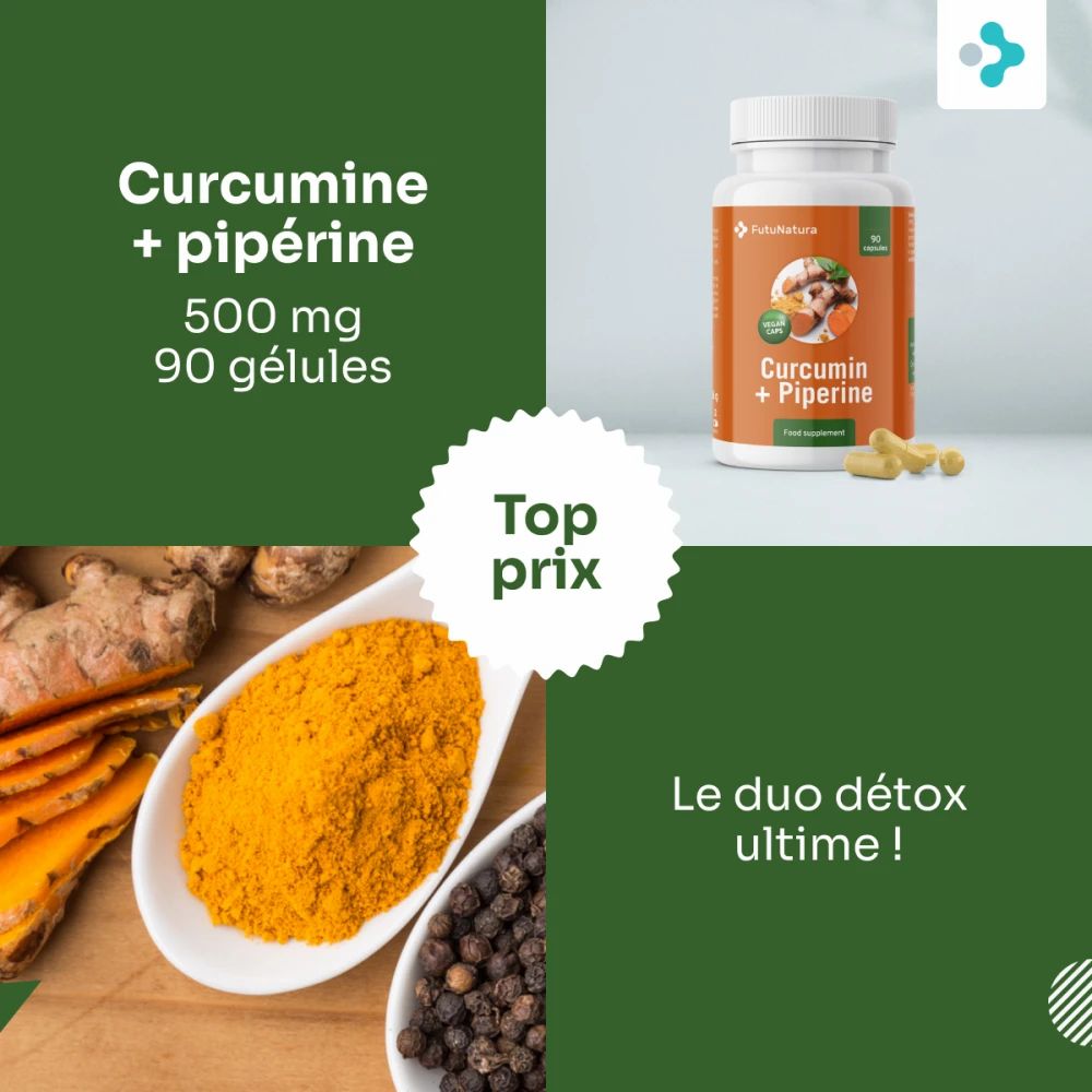 Présentation du produit avec flacon, poudre et grains de poivre. Inscription : Curcumine + pipérine, 500 mg, 90 gélules. Top prix.