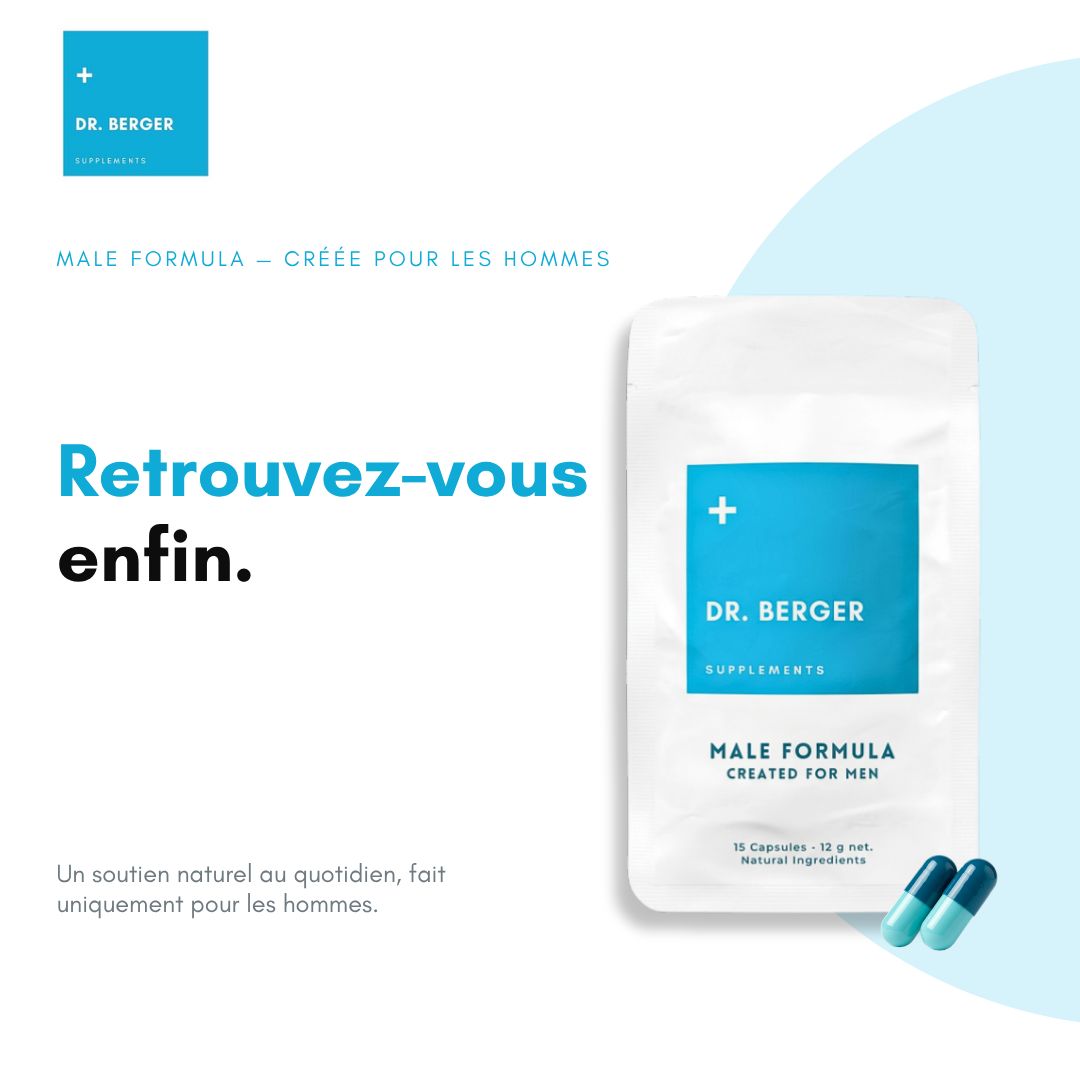 Un paquet Dr. Berger Male Formula avec deux gélules à côté, sur fond bleu.