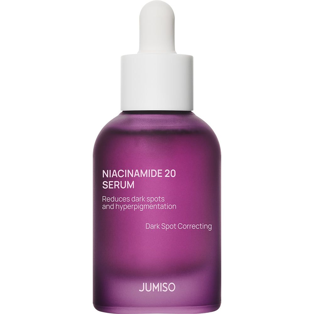 Paars glazen flesje met druppelaar, Niacinamide 20 Serum, JUMISO.
