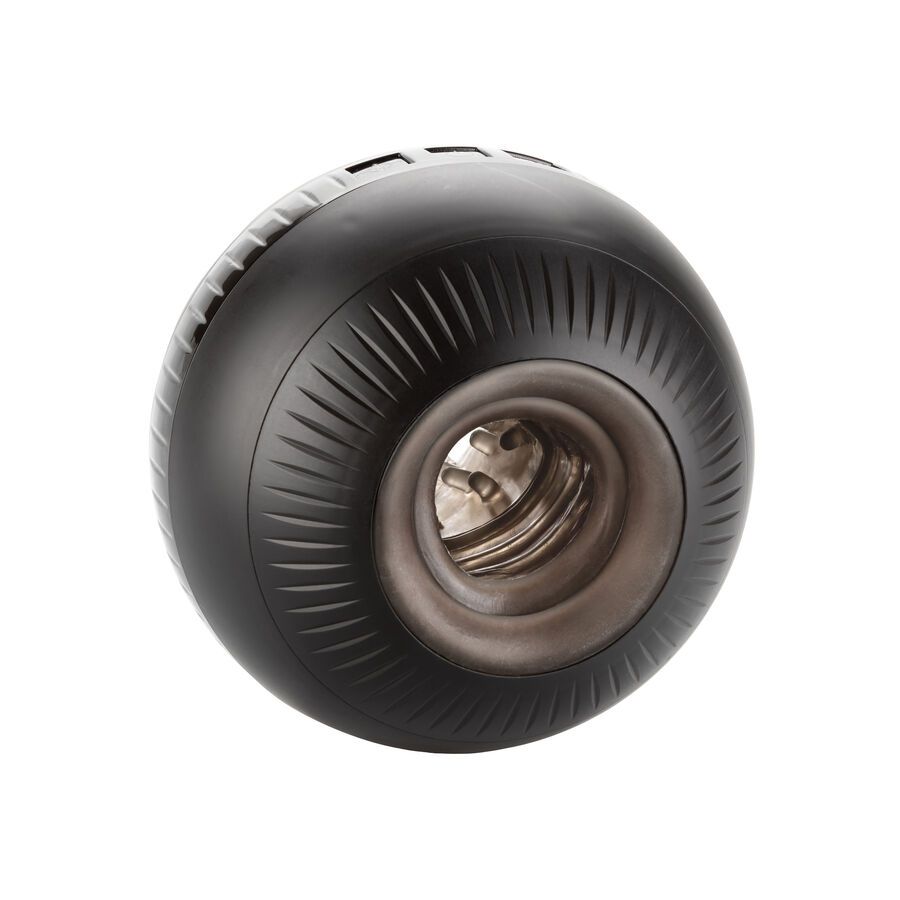 Zwarte, bolvormige massager met geribbeld patroon en getextureerde binnenkant.