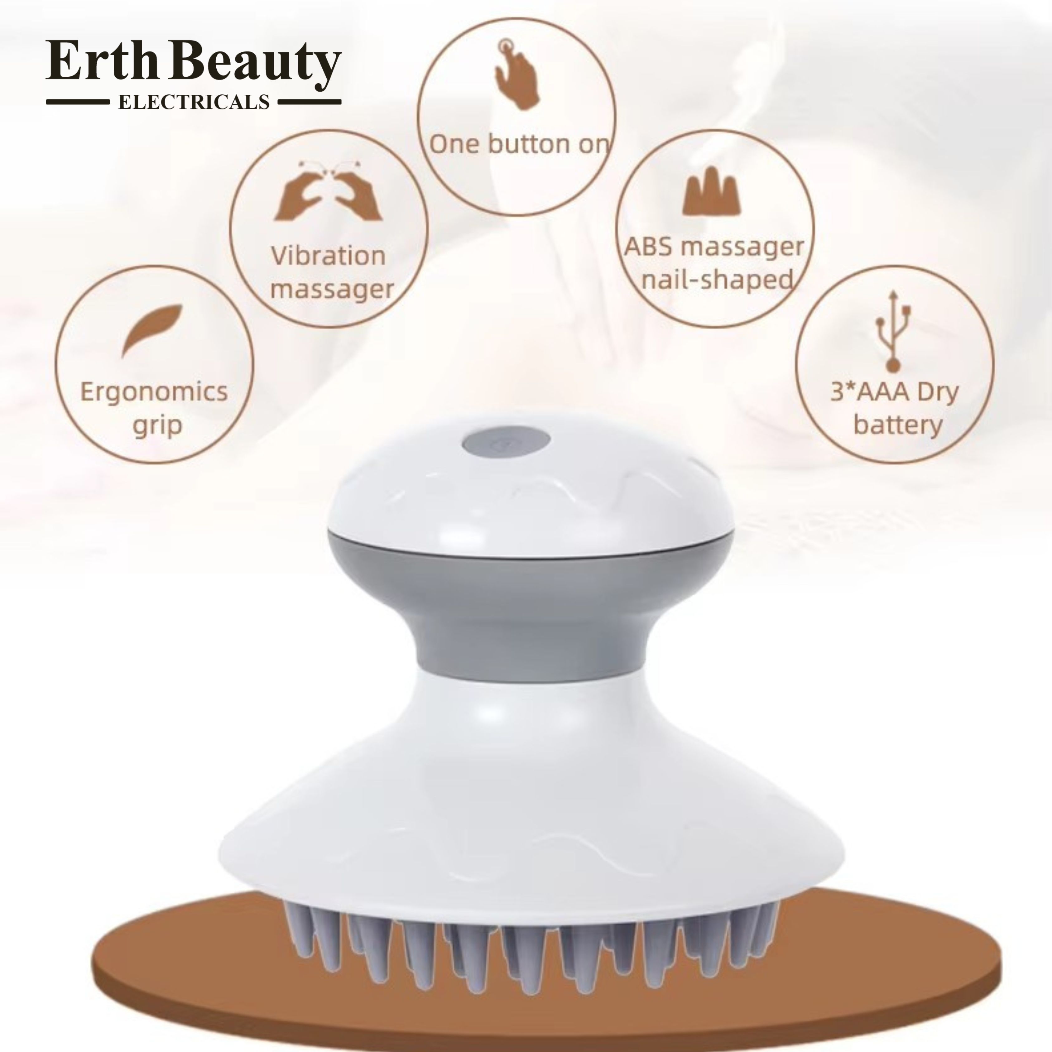 Elektrisch hoofdhuidmassageapparaat met Erth Beauty Electricals logo en functiesymbolen.