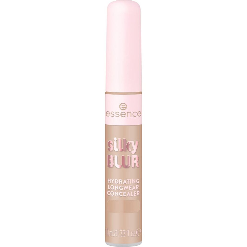 Concealer tube met roze dop. Opschrift: Silky Blur, Hydrating Longwear Concealer. Merk: Essence. Kleur: Beige.