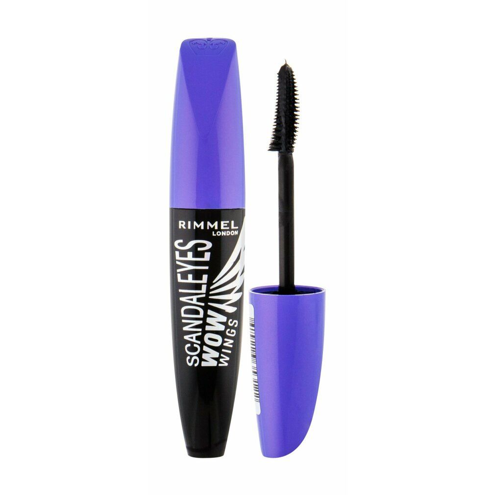 Zwarte mascara tube met paarse dop. Tekst: Rimmel London Scandaleyes Wow Wings.