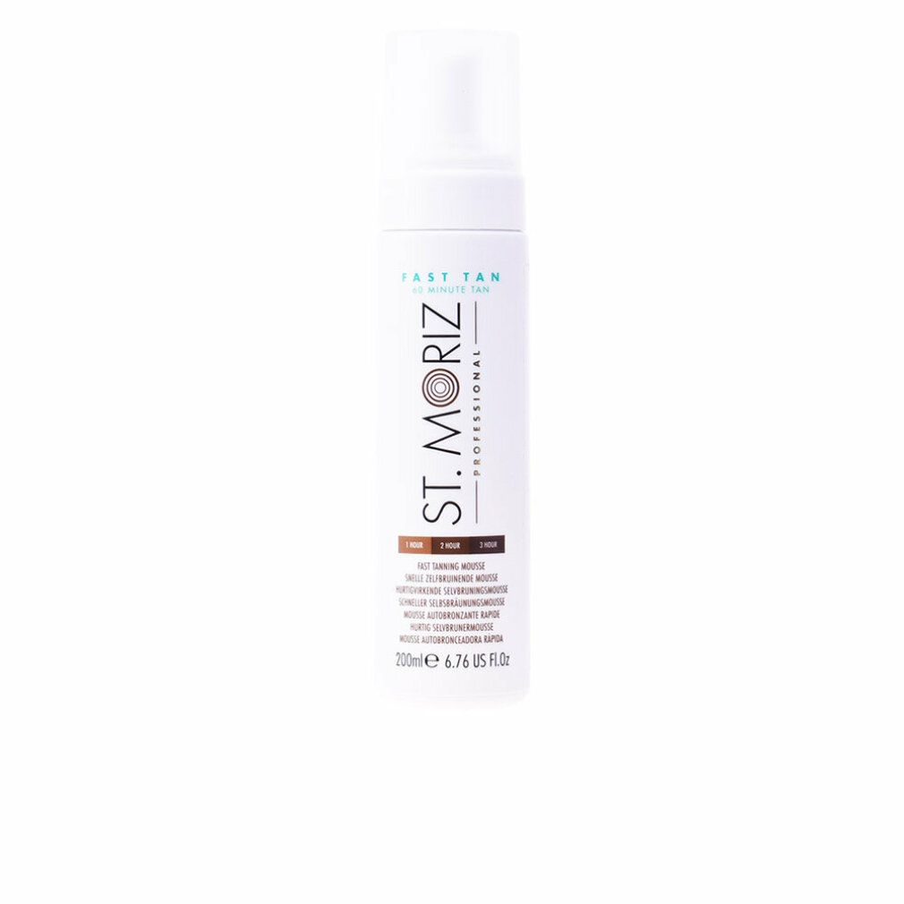Witte fles met verstuiver. Opschrift: St. Moriz Professional, Fast Tan. Kleurnuances: 1 uur, 2 uur, 3 uur. 200ml.