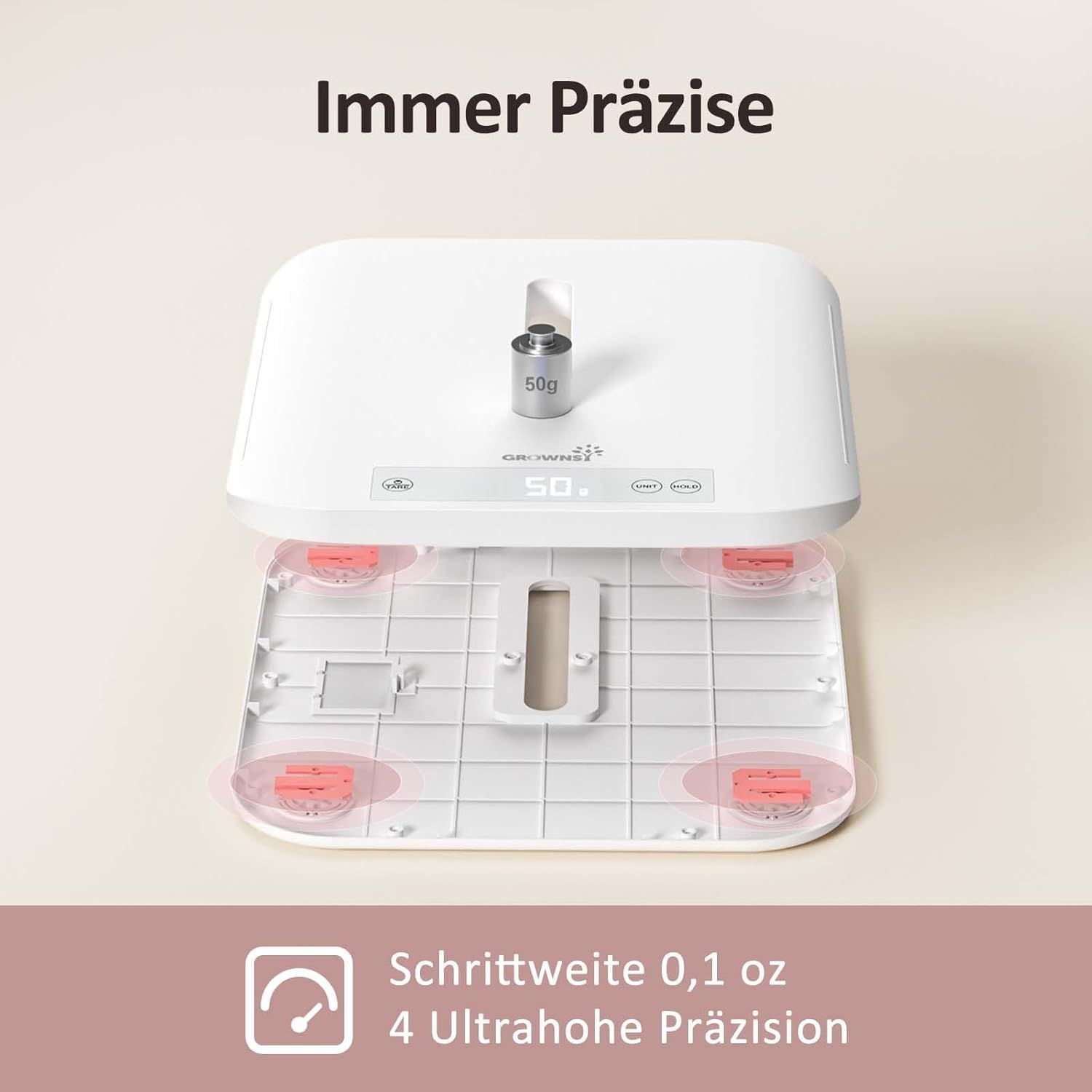 Precisieweegschaal met 4 sensoren en 0,1 oz stapgrootte. 50g gewicht op de weegschaal.