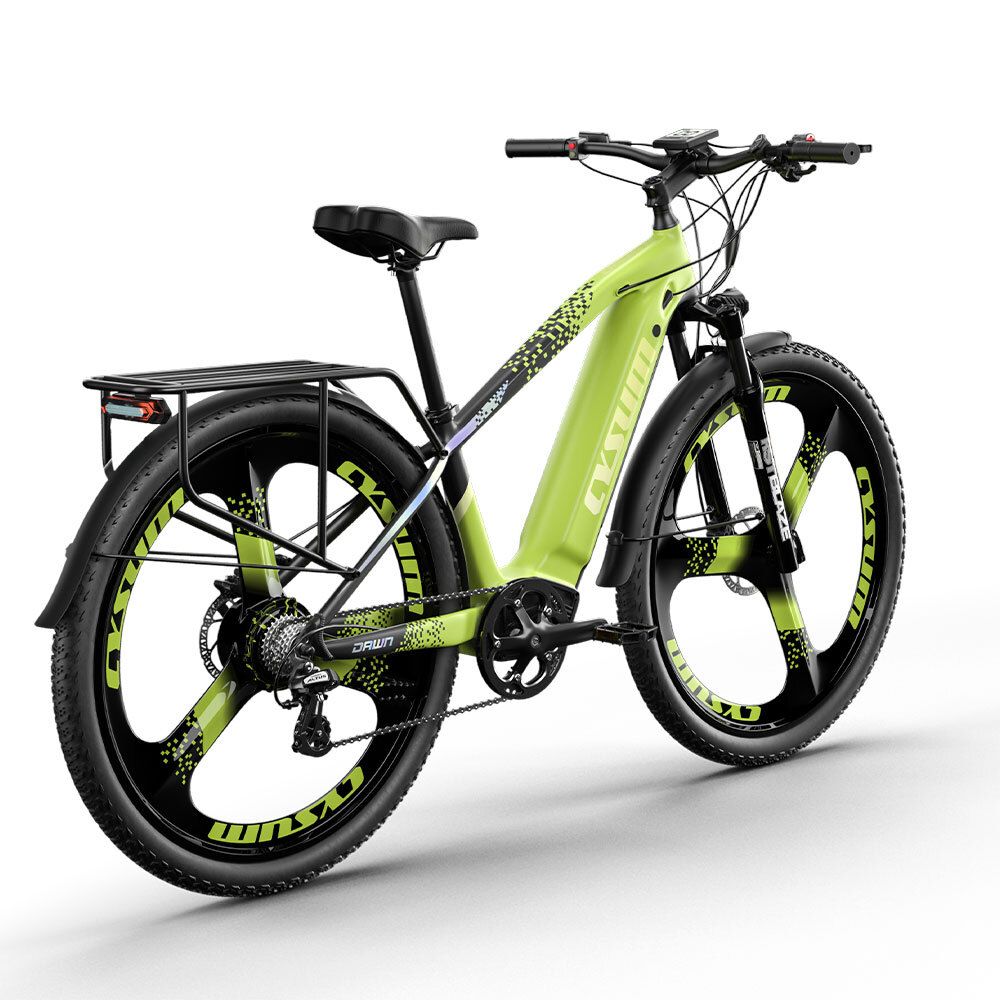 Vélo électrique vert avec pneus noirs et porte-bagages. Logo CYSUM sur le cadre.
