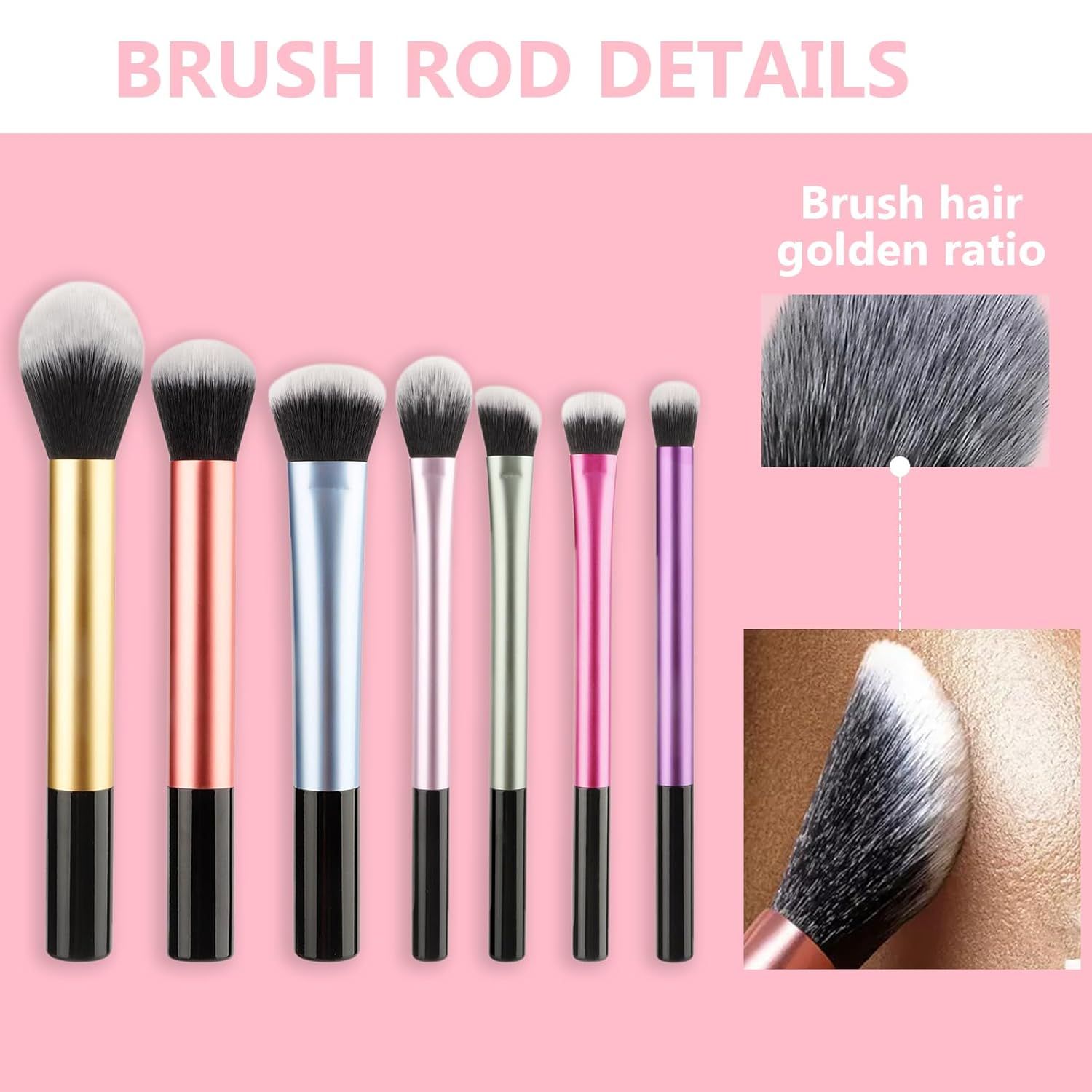 Ensemble de sept manches de pinceaux de maquillage de différentes couleurs : or, or rose, bleu, rose, vert, rose vif et violet.