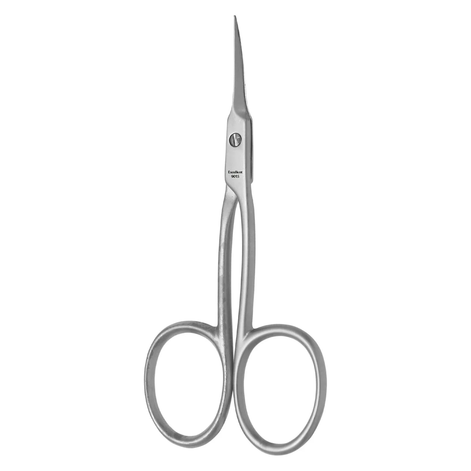 Zilverkleurige huid schaar, extra lang en puntig. Met ronde handgreep openingen en een scharnier. Opschrift.