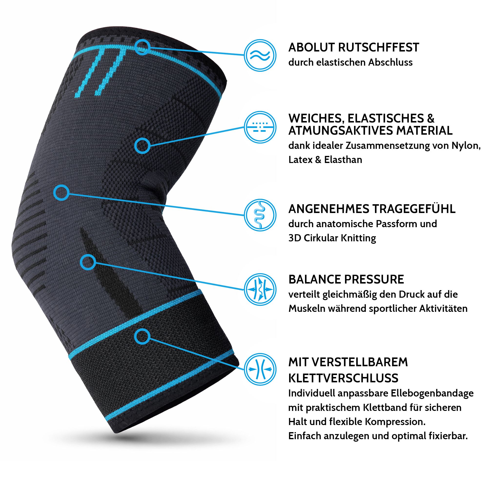 Elleboogbrace, grijs-zwart met blauwe accenten. Anatomische pasvorm, klittenbandsluiting. Materiaal: nylon, latex, elastaan. Voor sport.