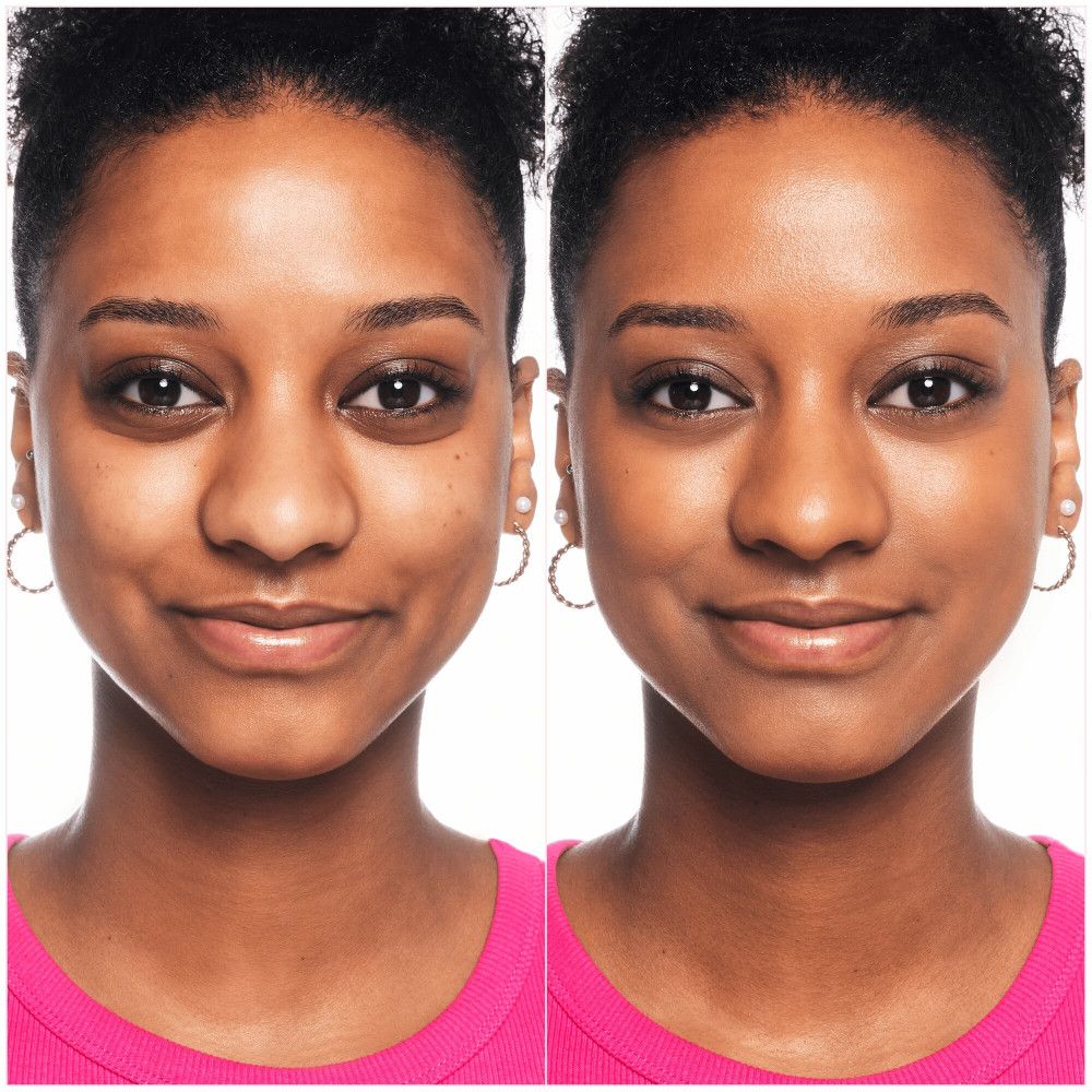 Deux portraits d'une femme à la peau foncée. À gauche, sans maquillage, à droite, avec fond de teint.