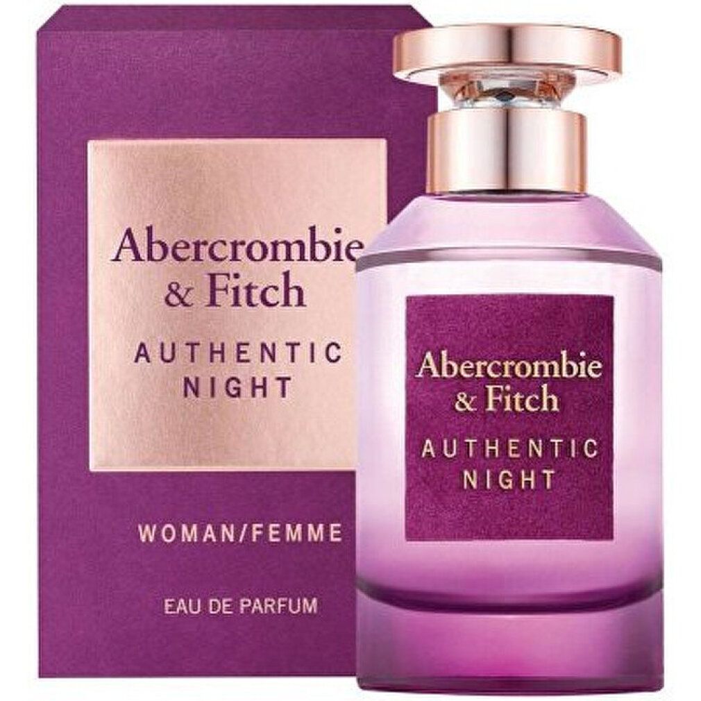 Flacon et emballage. Le flacon indique "Abercrombie & Fitch Authentic Night". Emballage avec logo.