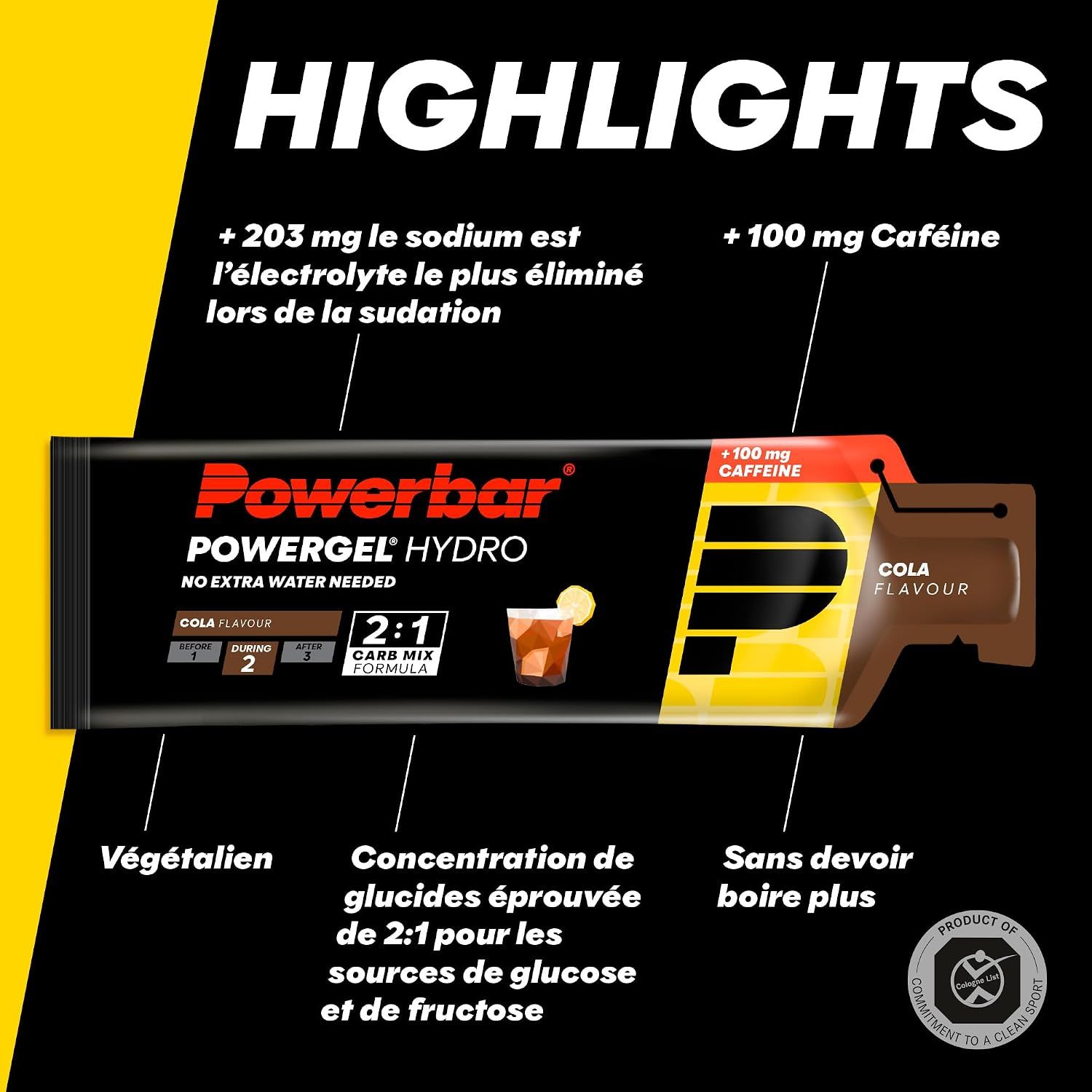 Pochette PowerBar PowerGel Hydro Cola : vegan, 100 mg de caféine par portion, extra fluide.