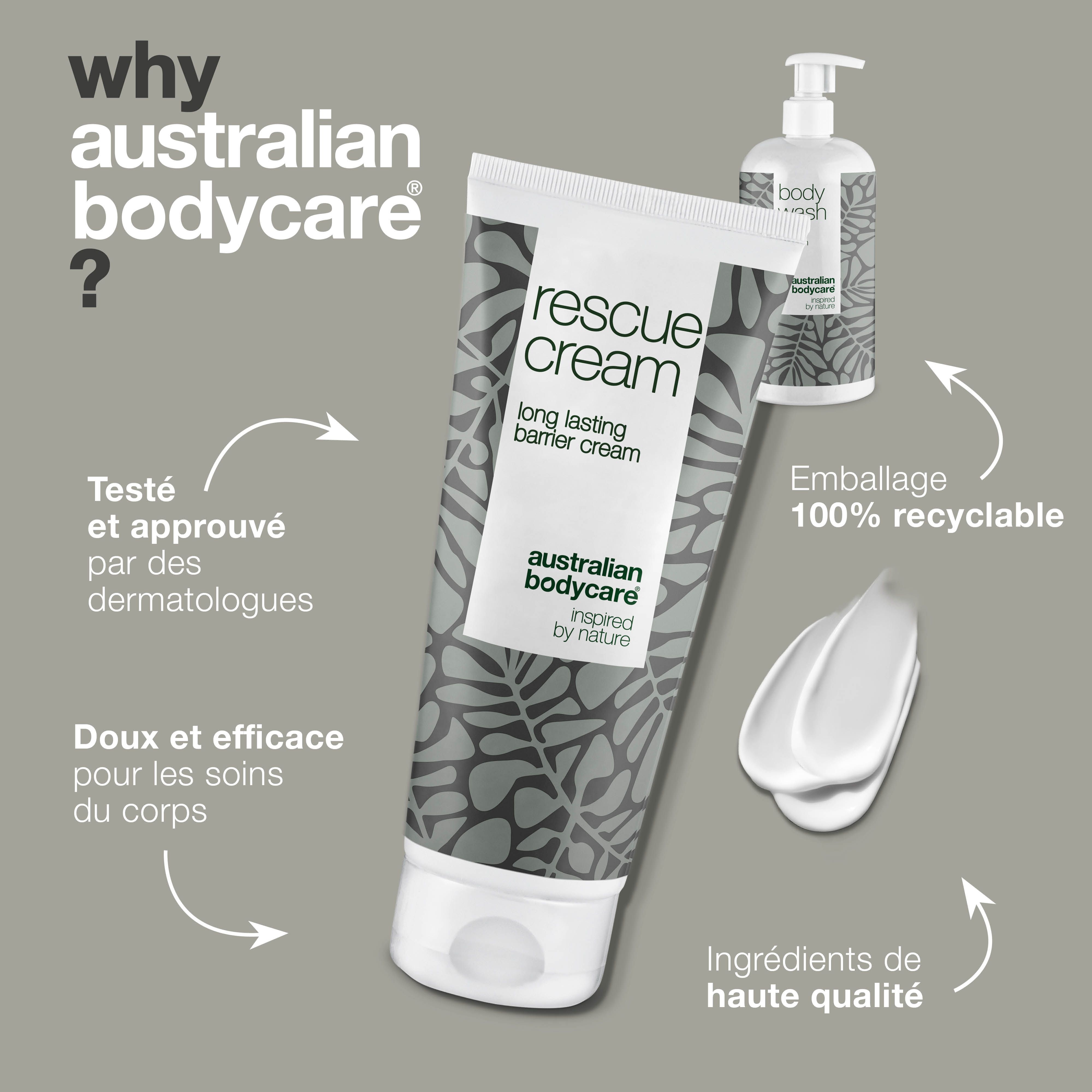 Rescue Cream et Body Wash. Texte : Rescue Cream, Australian Bodycare, emballage 100% recyclable.