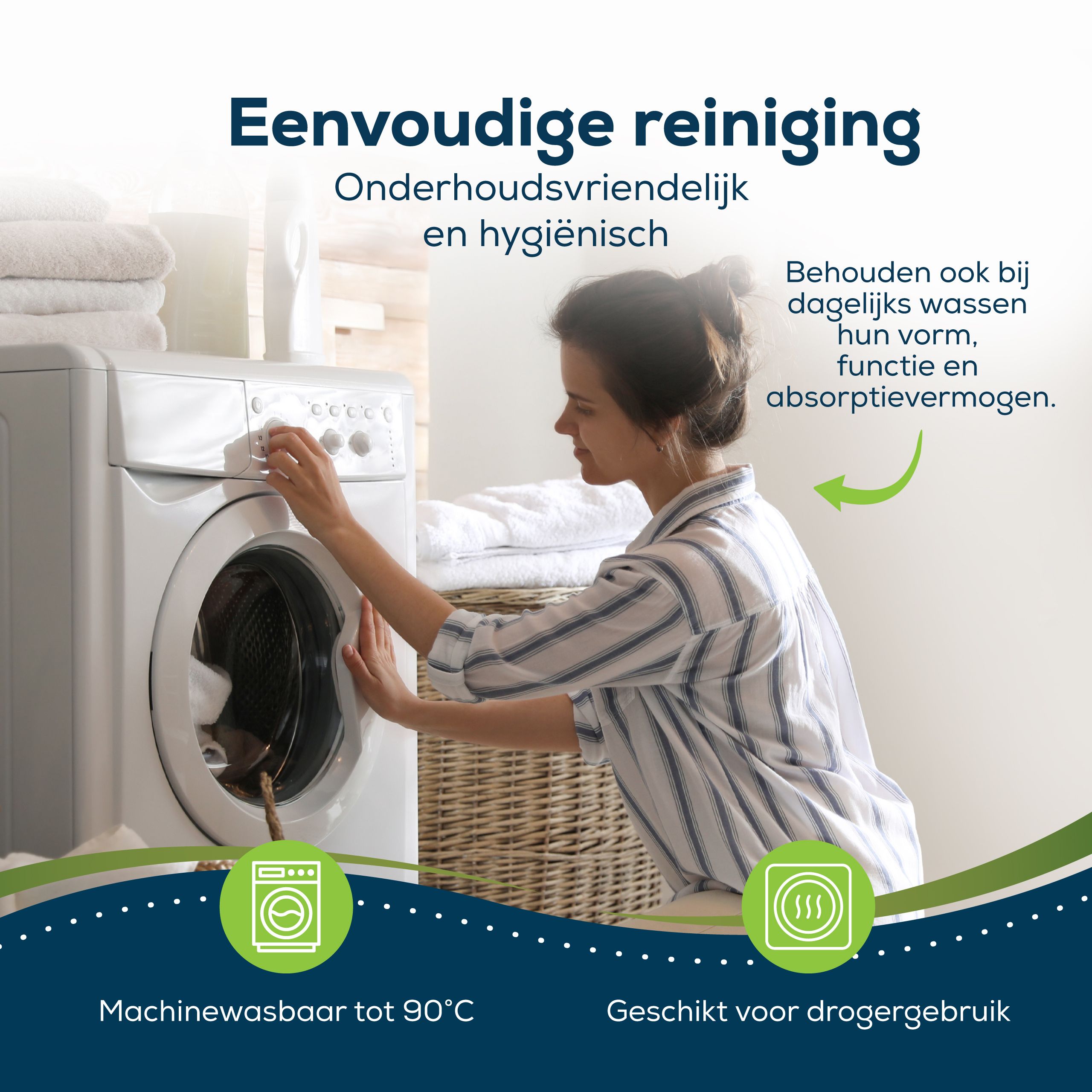Vrouw bij wasmachine. Tekst: Eenvoudig te reinigen. Machinewasbaar tot 90°C. Geschikt voor de droger.