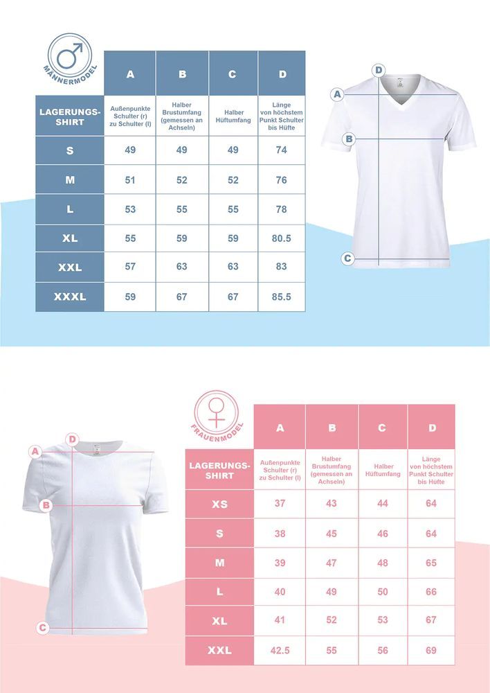 Tableau des tailles pour modèles hommes et femmes. Mesures pour le t-shirt de positionnement.