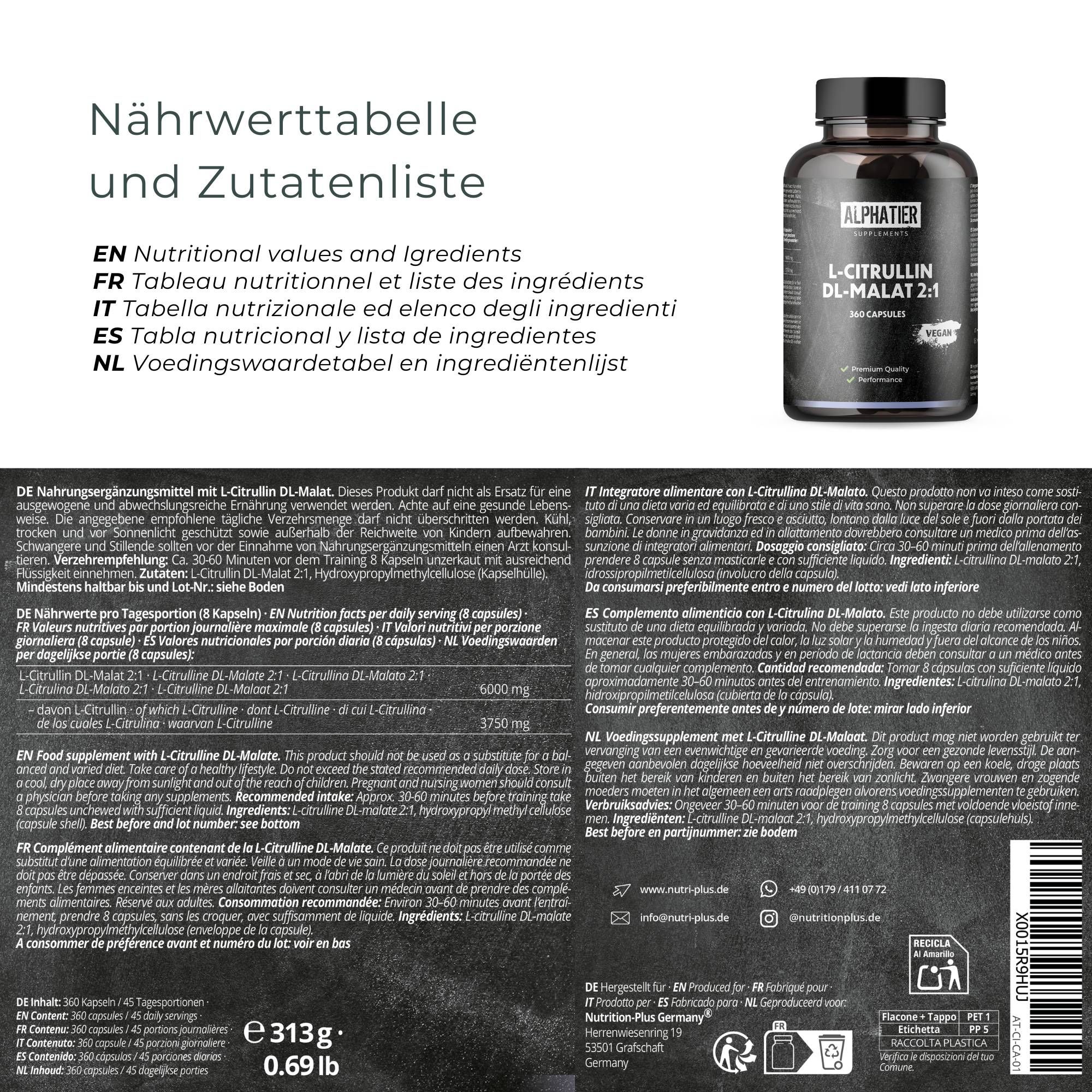 Tableau nutritionnel et liste des ingrédients en allemand, anglais, italien et néerlandais. Flacon de gélules.