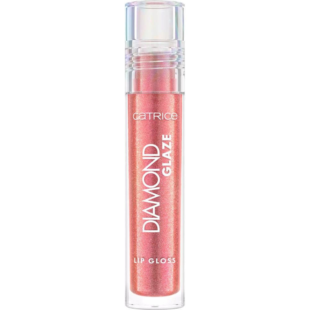 Catrice Diamond Glaze Lip Gloss in een transparante tube. De lipgloss is roze en glanzend. Op de tube staat "DIAMOND GLAZE" en "LIP GLOSS".