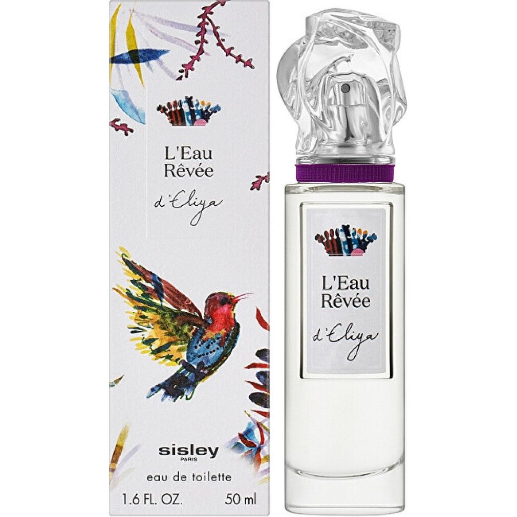 Sisley L'Eau Rêvée d'Eliya Eau de Toilette flacon et boîte avec motif oiseau et fleurs.