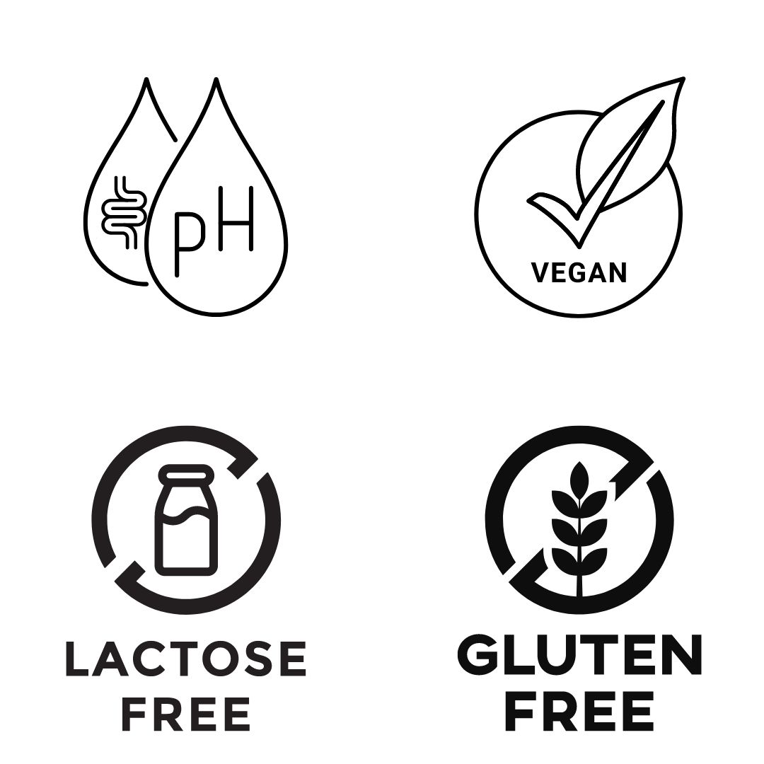 Vier symbolen: pH-waarde, Vegan, Lactosevrij en Glutenvrij. Ronde symbolen met tekst en pictogrammen.
