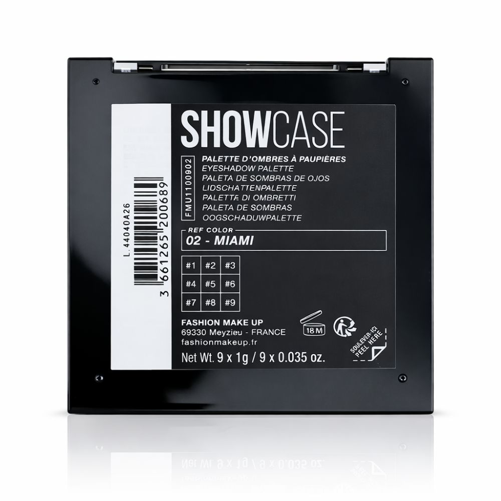 Arrière d'une palette d'ombres à paupières "SHOWCASE" avec 9 couleurs, Réf Couleur 02 - Miami.