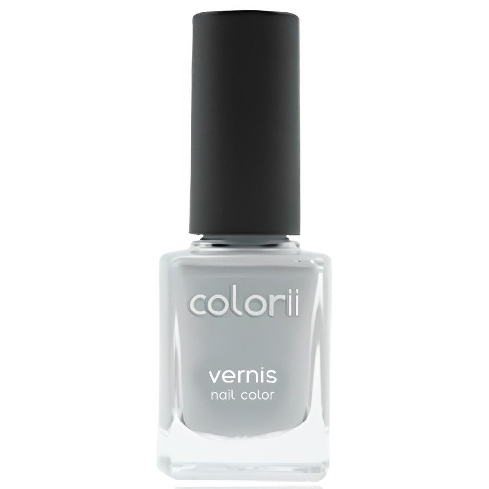 Flacon de vernis à ongles gris. Bouchon noir. Inscription : colorii, vernis, nail color.