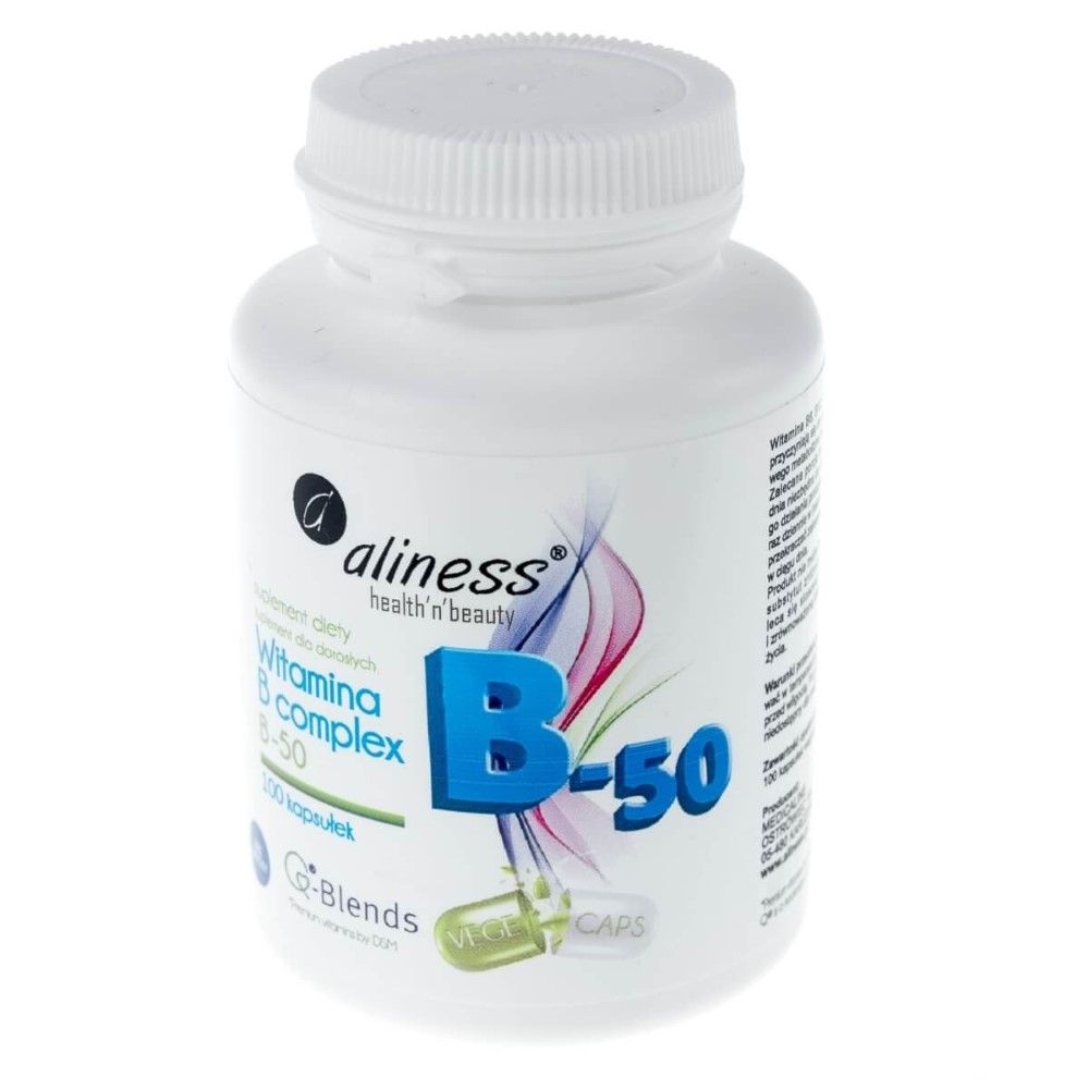 Aliness Vitamine B-Complex B-50: Voor- en zijaanzicht van de witte container met etiket.