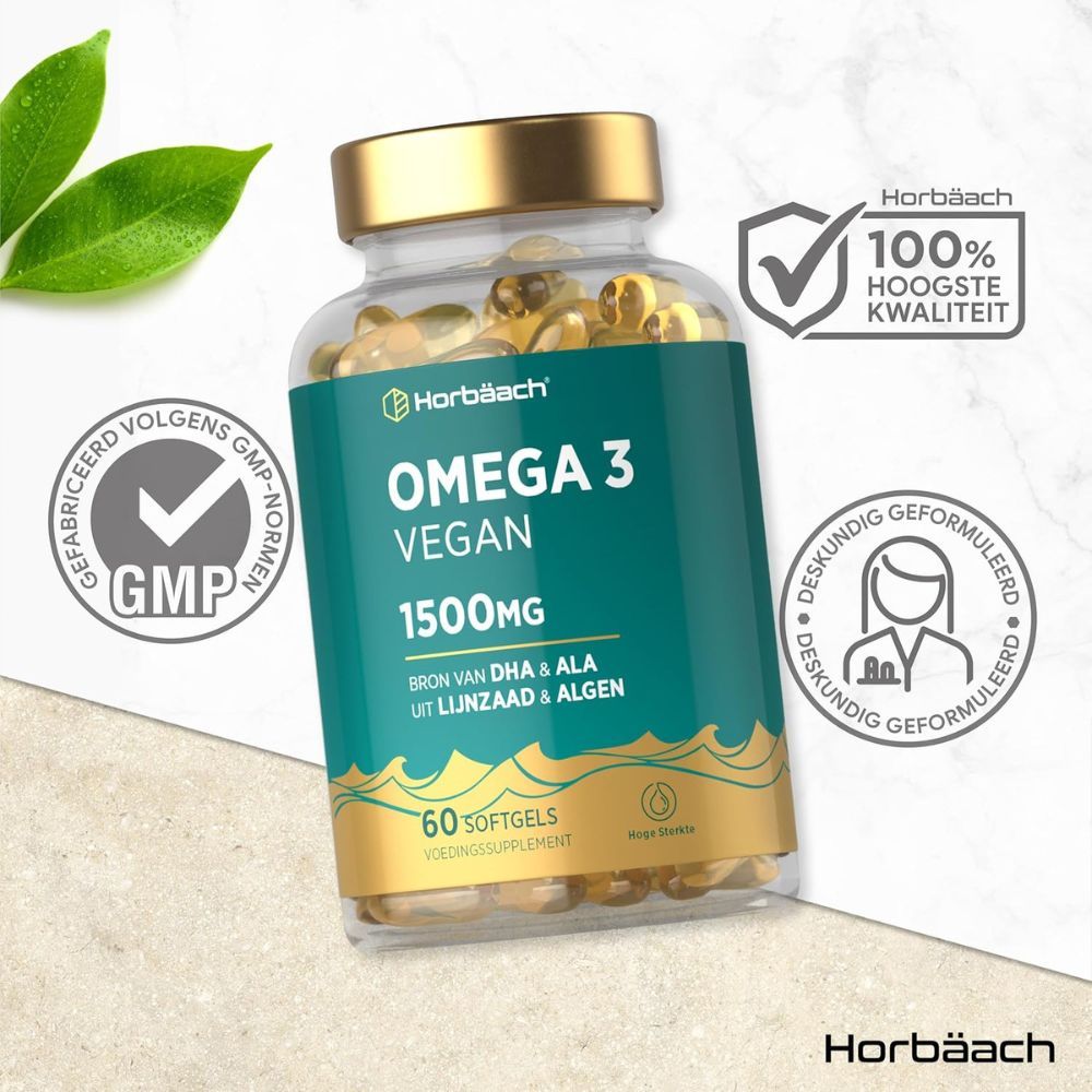 Fles met capsules. Horbaach Omega 3 Vegan 1500mg. 60 softgels. GMP-certificering.