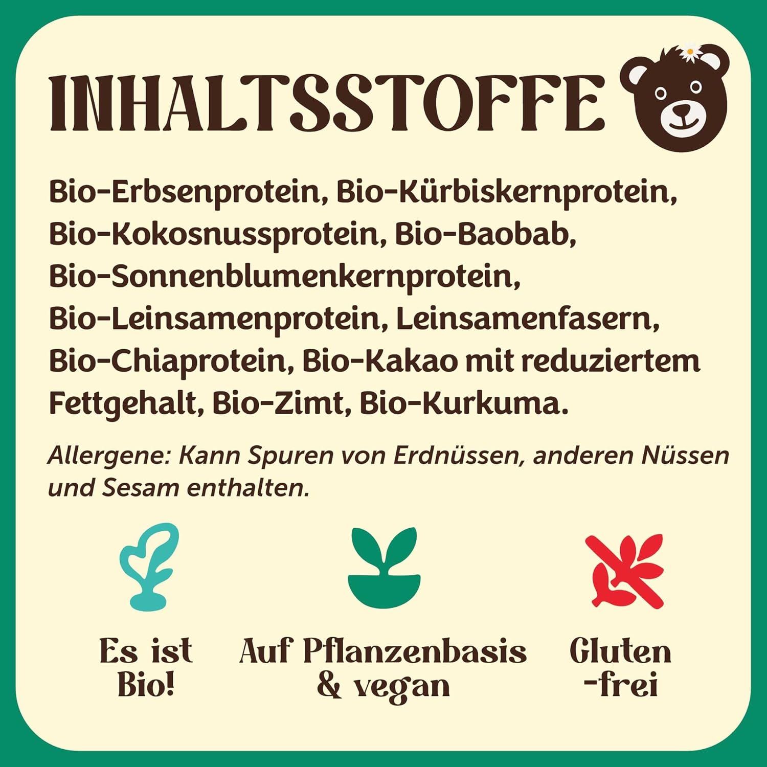 Liste des ingrédients : protéine bio de pois, courge, noix de coco, baobab, tournesol, lin, chia, cacao, cannelle, curcuma. Bio, vegan, sans gluten.