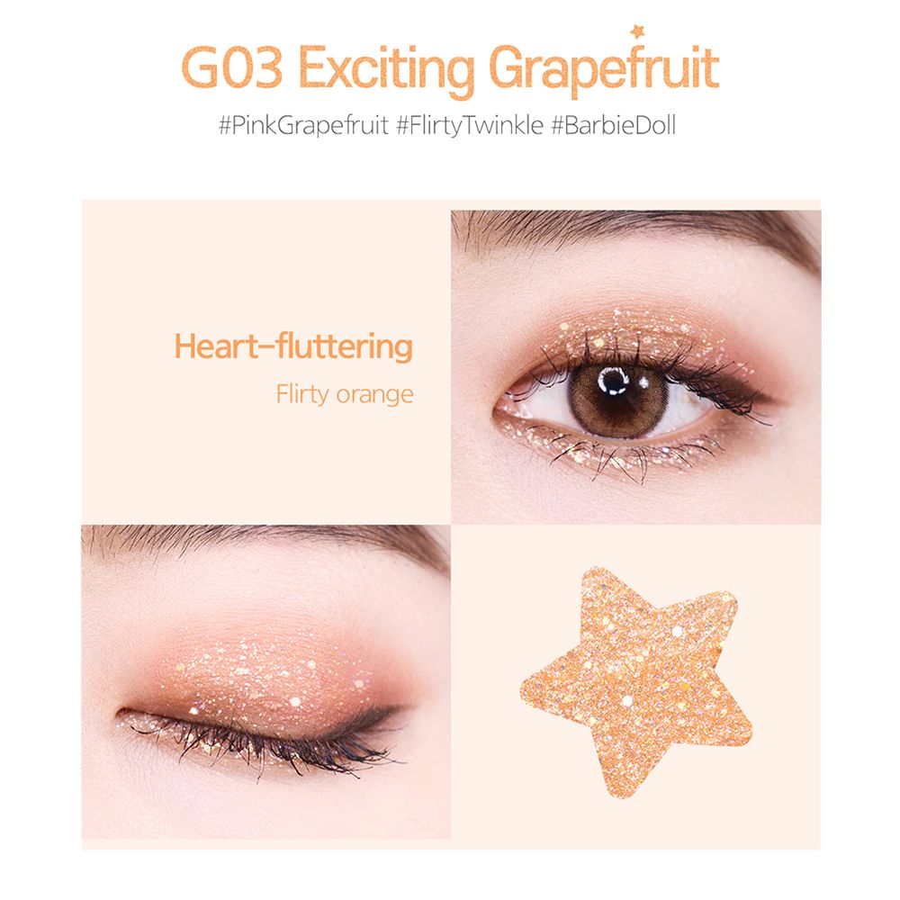 Close-ups van ogen met glitteroogschaduw. Een ster van glitter. Tekst: G03 Exciting Grapefruit.