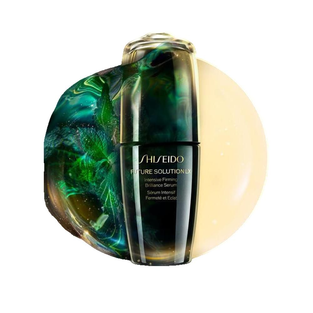 Zwarte fles met groene dop. Opschrift: Shiseido Future Solution LX, Intensive Firming Brilliance Serum.