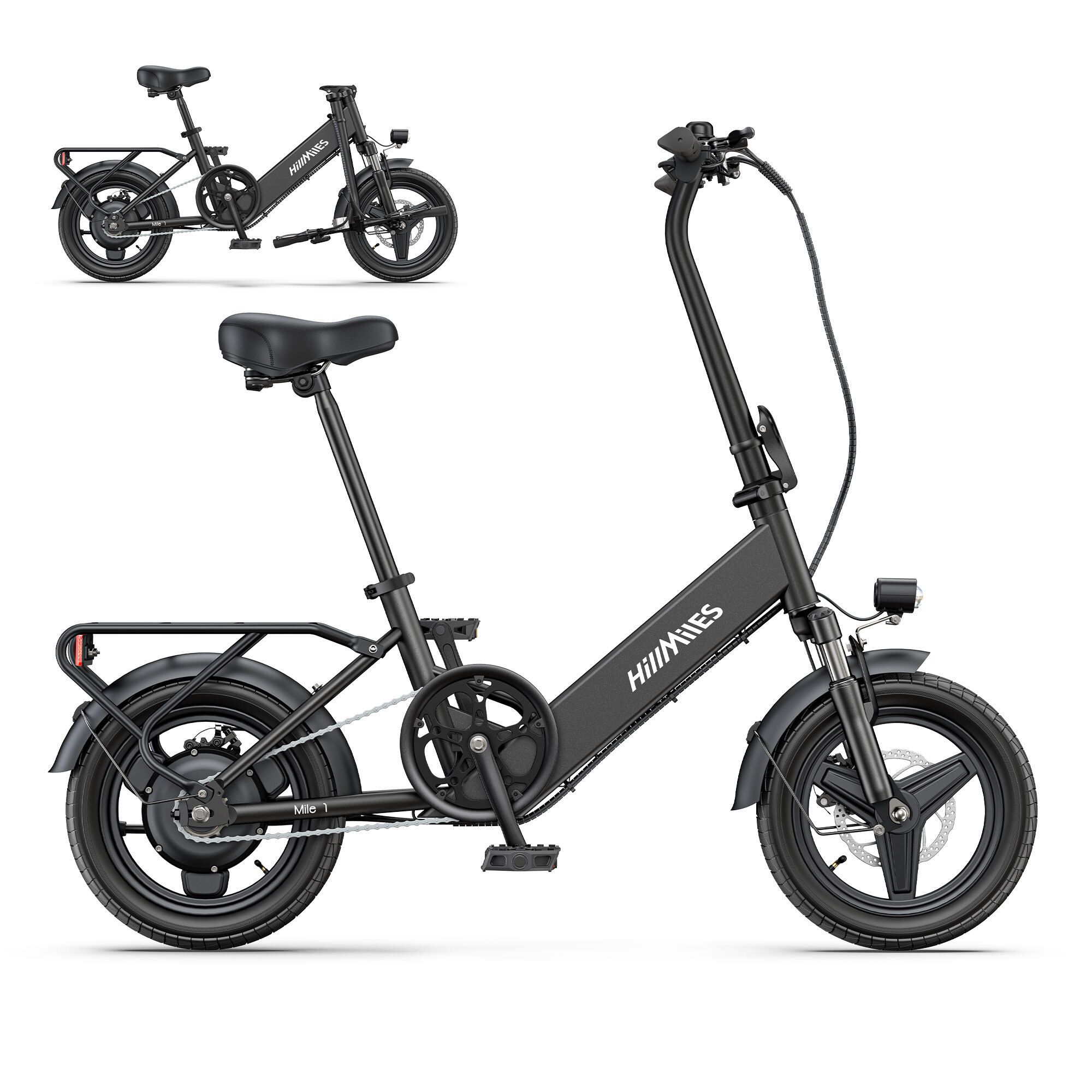 Vélo électrique pliable noir. Marque HillMiles. Roues de 14 pouces, porte-bagages, phare et selle.