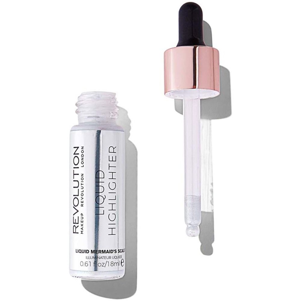 Vloeibare highlighter in flesje met pipet. Opschrift: Liquid Highlighter, 0.61 oz/18ml. Merk: Revolution.