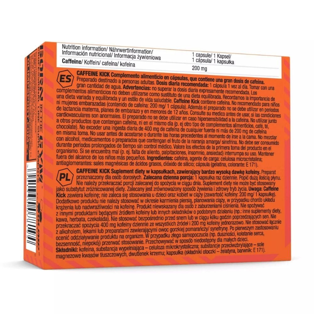 Arrière de l'emballage des gélules Olimp Caffeine Kick avec informations nutritionnelles et instructions.