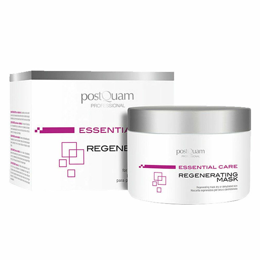 Pot de crème et boîte. Inscription : Postquam Essential Care Regenerating Mask. Blanc, argent et violet. Pour peaux sèches.