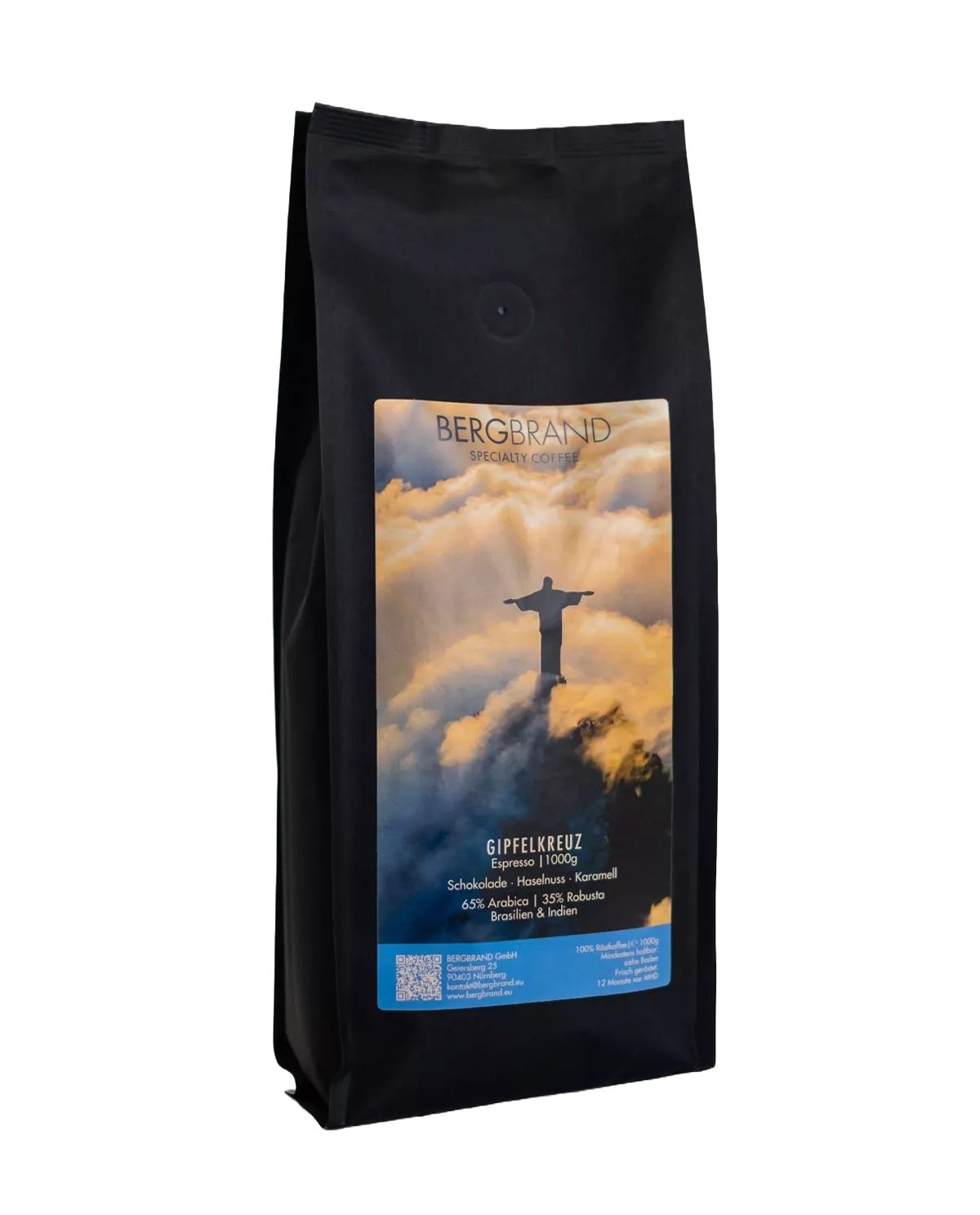 Sachet noir BERGBRAND Gipfelkreuz Espresso. Image du Christ Rédempteur. Texte: 65% Arabica, 35% Robusta.