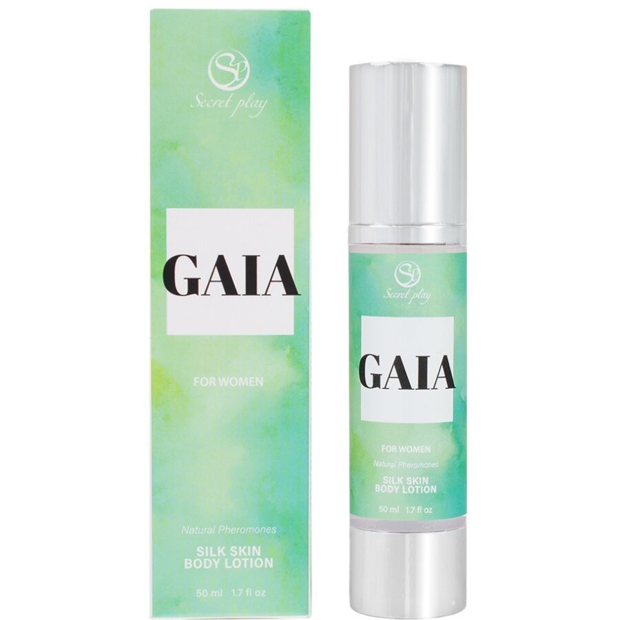 Bodylotionfles en verpakking. Fles zilver, etiket groen. Tekst: GAIA, Silk Skin Body Lotion. Verpakking groen, tekst.