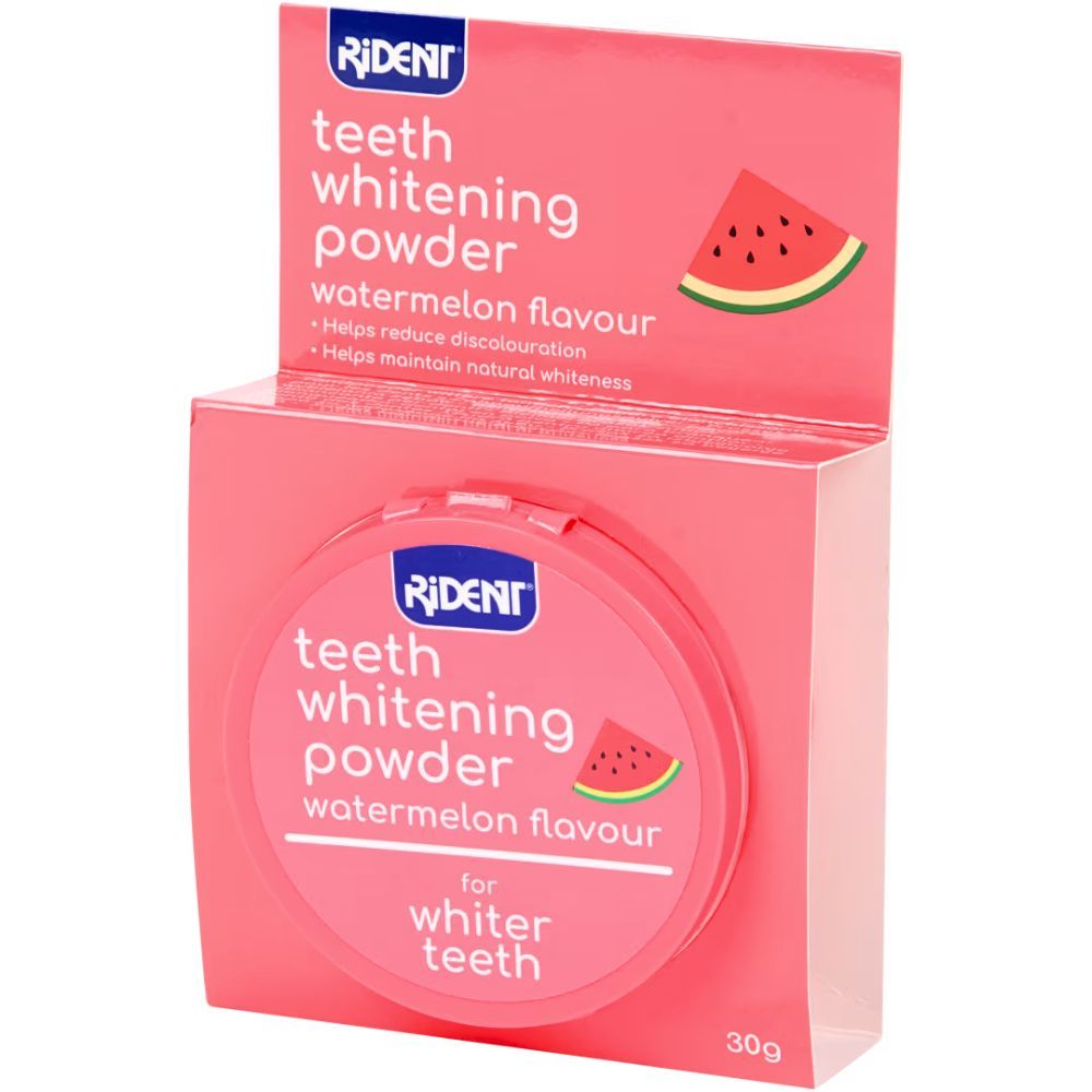 Emballage rose "RIDENT" pour blanchiment des dents, goût pastèque. Contient une boîte et un pot. Texte: "teeth whitening powder".