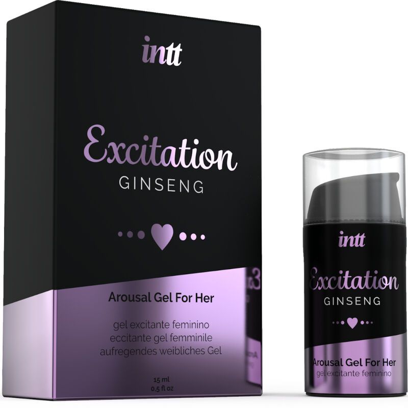 Zwarte verpakking en fles. Opschrift: intt Excitation Ginseng. Productnaam en hartsymbool. Tekst: Arousal Gel For Her.